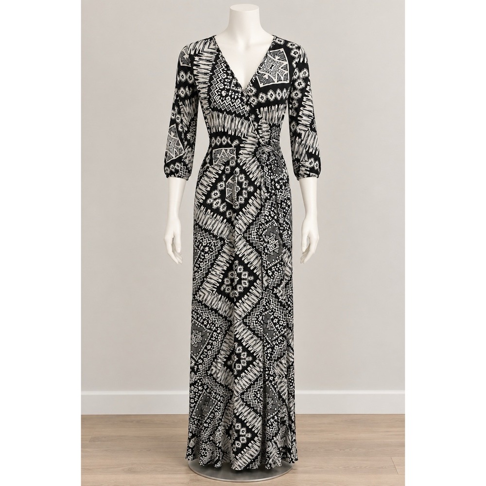 Express Maxi Dress SMALL Black & White Satin V-neck Boho Date Night Statement